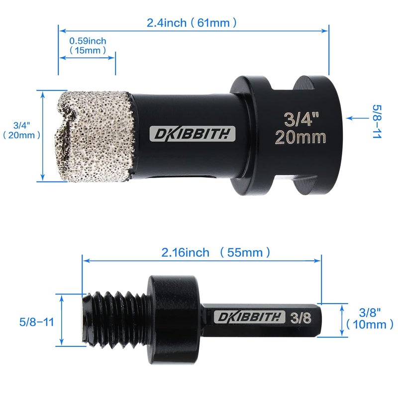 DKIBBITH Dry Diamond Core Drill Bits 3/4 Inch Tile 20mm Vacuum Brazed Angle Grinder Hole Saw for Porcelain Ceramic Granite Brick Concrete with 5/8-11 Thread to 3/8'' Hex Shank Adapter, Black - Image 2